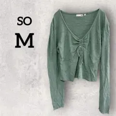 So【M】グリーン リブニット フロントシャーリング ロングスリーブ トップス