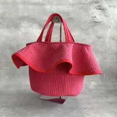 フレアフリル付き丸底トートバッグ　ヌビバッグ　レッド　ハンドメイド