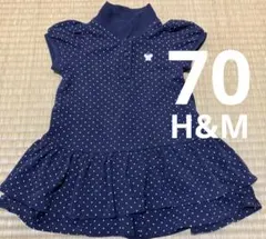 H&Mサイズ70 6-9ヶ月用　半袖、紺色生地に水玉のワンピース　パブスリーブ袖