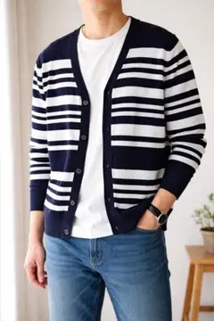 BACK NUMBER ボーダー ニットカーディガン メンズM ネイビー
