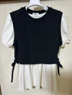 レイヤードデザイン 半袖トップス 黒と白のサムネイル