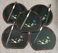 桂由美　漆器 花柄装飾 丸型膳、箸付き　5枚セット