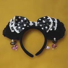TDRディズニー　ミニー　カチューシャ　黒水玉リボン／ハートイヤリング／レース