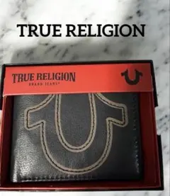 【 TRUE RELIGION】本革 二折財布 ブラック×ベージュステッチ