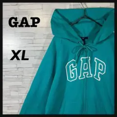 00s GAP フルジップパーカー XL ターコイズブルー ロゴ刺繍