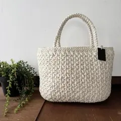スズランテープバッグ　ビニールバッグ　カゴ　手編みバッグ　ハンドメイド　ホワイト