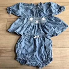 デニムブルー フラワー刺繍 トップスセット　60〜70