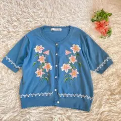 美品ピンクハウス♡リリー柄編み込みカーディガン半袖ブルー青花柄刺繍フリーニット綿