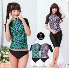 フィットネス水着 体型カバー ウェア セパレート 花柄 3点セット ピンク L