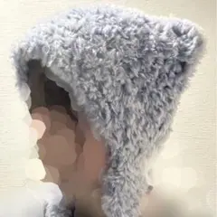 ハンドメイド 猫耳ビーニー 猫耳ニット帽 ホワイト×ブルー ライトブルー 水色