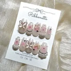 【ネイルチップ　現品】リボン　蝶々　ワンホンネイル 韓国ネイル　ドット　ピンク