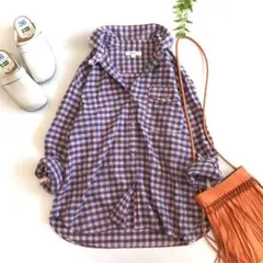ニコアンド 綿麻 ロールアップ ブロックチェックシャツ L ピンクのサムネイル