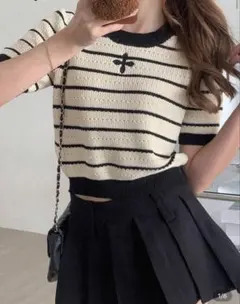 SHEIN アイボリー/ブラック ストライプ 半袖ニット