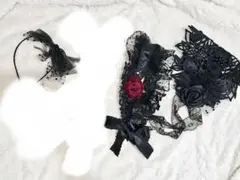 ゴスロリ ヘッドドレス 頭もの3点セット 薔薇 黒系