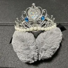 美品 ブルー ティアラと耳あて グレー パール リボン付き