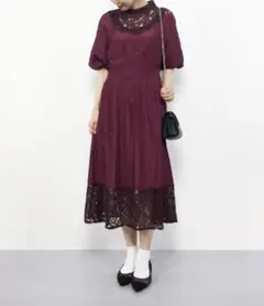 merlot plus 部分レースワンピース　ボルドー フリーサイズ