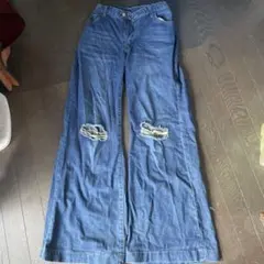 ダメージ加工 インディゴブルーワイドレッグデニム ワイドパンツ フレア