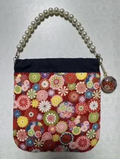 花柄（和柄）ポシェット♪ パールハンドル付き♡ 和柄レジンのキーホルダー付き