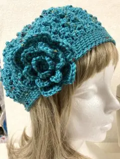 ベレー帽 ニットキャップ ターコイズ ツイード ハンドメイド 手編み 1228