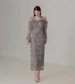 【LEJA】チュールロングスリーブリーフIラインドレスワンピース　グレー　M