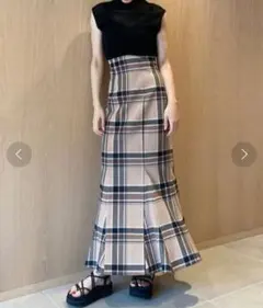 snidel ハイウエストヘムフレアチェックスカート ベージュ　0サイズ