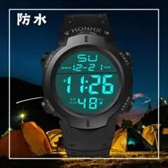 防水 腕時計 スポーツウォッチ デジタル メンズ ブラック ライト 登山 水泳