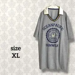 【XL】襟付きプリントTシャツ カレッジロゴ 半袖 グレー オーバーサイズ