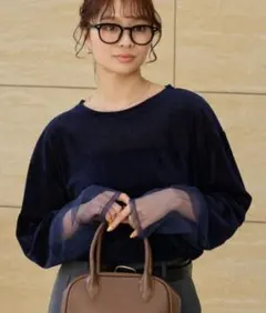 【新品未使用】シースルー袖長袖ベロアトップスネイビー