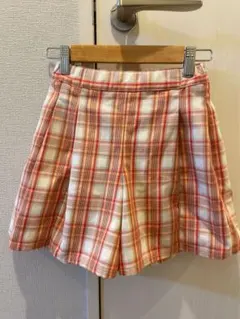 オレンジチェック キュロットスカート　プリーツハーフパンツ