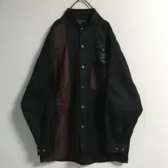 日本製 90s 古着 刺繍 バンドカラー ポリシャツ メンズ バイカラー 黒 茶