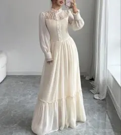 アイボリー レースディテール ロングワンピース