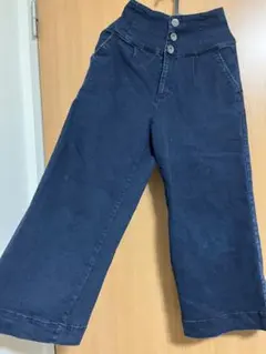 ダークブルー ハイウエスト ワイドレッグデニム