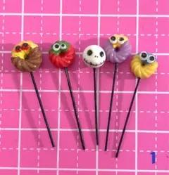 1、ミニチュア　ハロウィン　ドーナツ風　スティック　5本入り　ハンドメイド