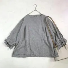 【ソウルベリー】ふくろうと月 フリル袖 ブラウス (Ｌ) グレー リネン混のサムネイル