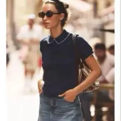 ZARA パイピングニットトップス　ネイビー　S