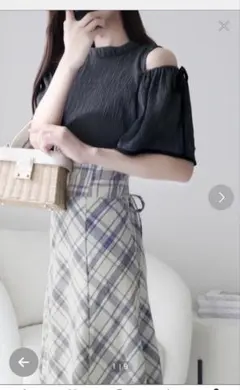 milybilet 肩開きプリーツブラウスドッキングチェックワンピース