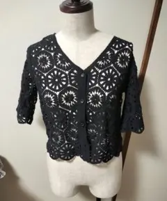 レース編み 黒 半袖カーディガン