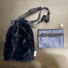 LANVIN ファー巾着ポーチ ネイビー ファー ショルダーバッグ