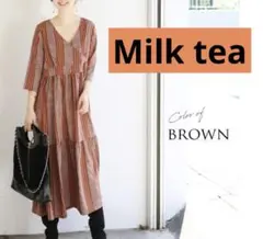 【Milk tea】カシュクール　Vネックストライプ柄　ブラウンマタニティ・授乳