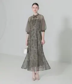 【LEJA】リボン付きパフスリーブシアーボレロ刺繍レースマーメイドシルエット　M