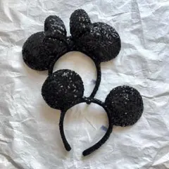 ディズニー　ミッキー　ミニー　ブラック　スパンコール　カチューシャ　セット