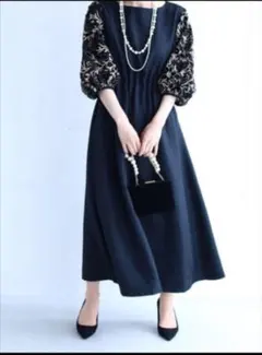 【L〜2Lサイズ】黒 刺繍 ロングワンピース 花袖 ドレス 厚地 CAWAII