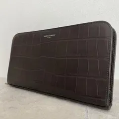 極美品✨サンローラン　クロコ　ラウンドファスナー　長財布　ブラウン　レザー