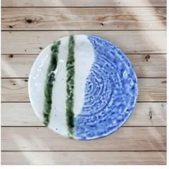 美濃焼 和食器 浅鉢 中皿 瑠璃色・緑ストライプ 手作り風