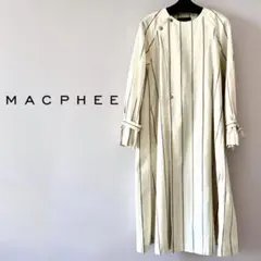 MACPHEEコットンリネンストライプベルテッドノーカラーロングトレンチ春コート