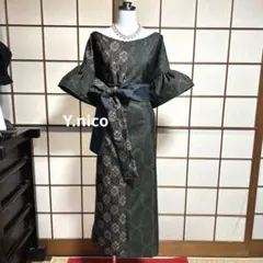 LL 着物リメイク 正絹 ツギハギ三種大島紬フリル袖ゆったりワンピース