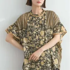 ルピリアン ブロックプリント バタフライフリルブラウス ハシゴレース/チャコール