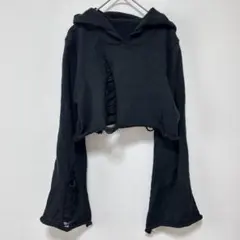 ROMWE フード付き 黒ニット クロップド丈 ダメージ Y2K ギャル系 韓国