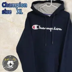 アメリカ古着Champion チャンピオンロゴ付きネイビー パーカー M裏起毛