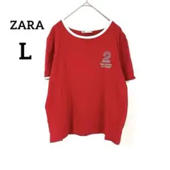 【ZARA】半袖Tシャツ レッド L バイカラー ロゴ入り コットン 春夏